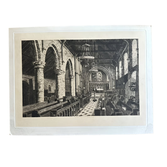 Vintage-style black and white print of a church interior 