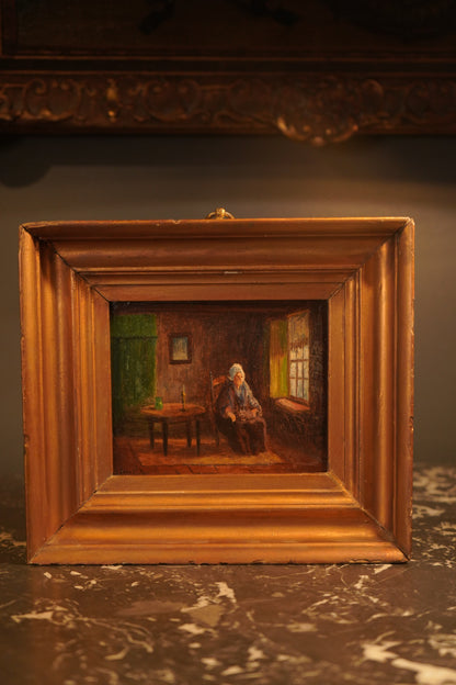 Antique Victorian Interior Scene Oil on Board, Small Antique English Oil Painting