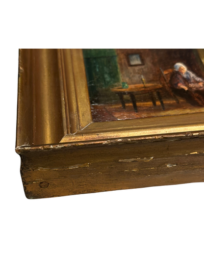 Antique Victorian Interior Scene Oil on Board, Small Antique English Oil Painting