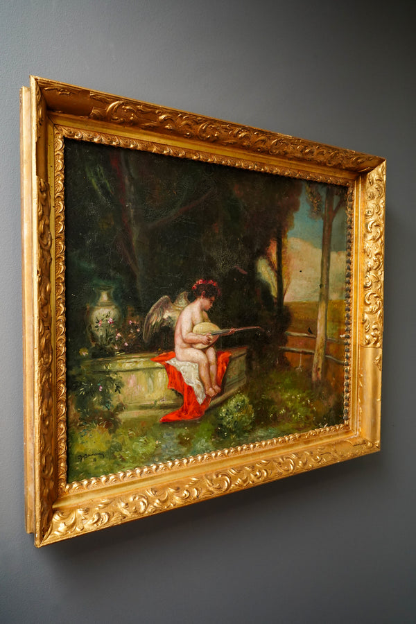 Antique Putti Oil Painting with Lute, Signed Baumann, Classical Garden Scene secondary view