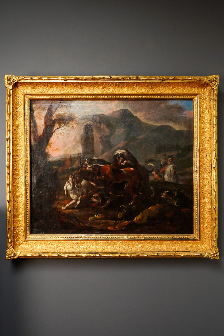 18th Century French Stag Hunt Oil Painting, Fontainebleau Tradition