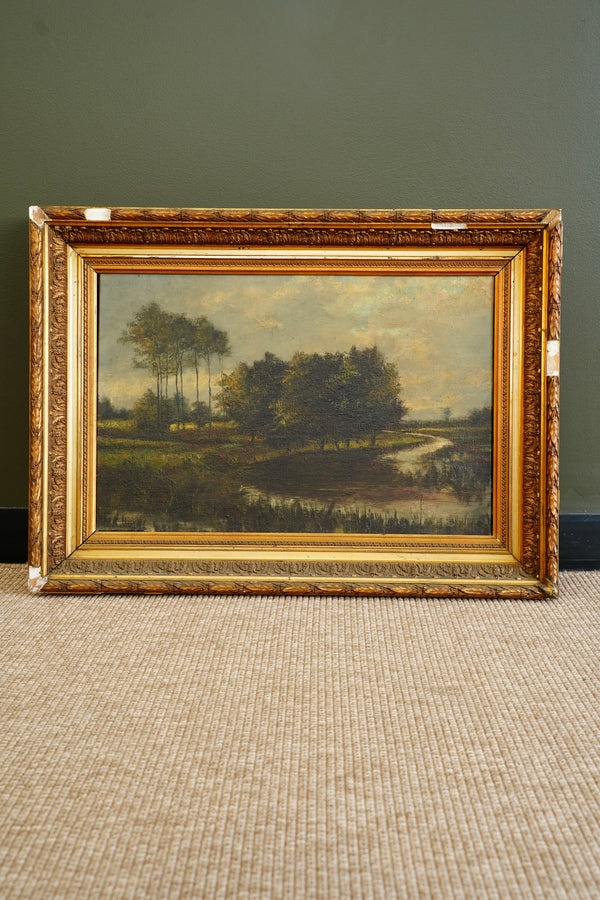 Antique European Moody River Landscape Oil Painting