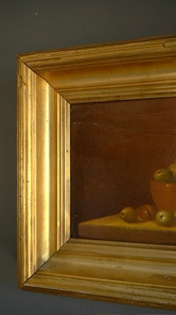 “The Bowl of Apples” by Nicholas Marsh, dated 1958 | English Still Life Oil on Panel in Antique Gilt Frame