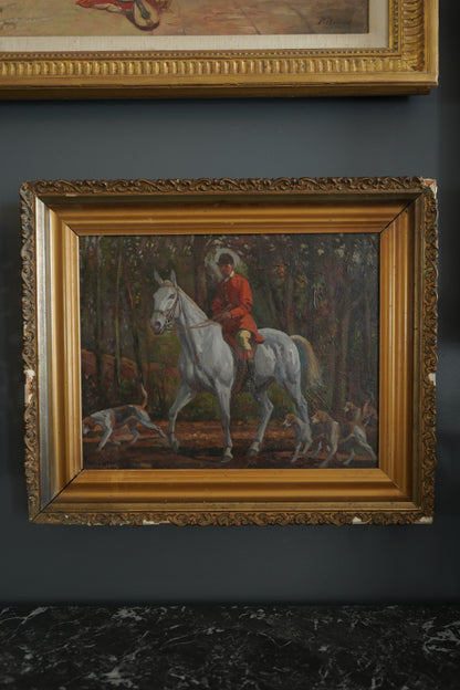 “Fox Hunt” Original British Sporting Art by Geoffrey Mortimer (1895–1986) – Mid 20th-Century British Equestrian Oil Painting in Antique Gilt Frame