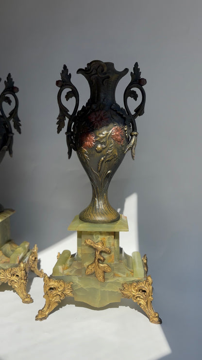 ^ Pair of Antique French Neoclassical Spelter and Onyx Urns with Gilt Brass Accents