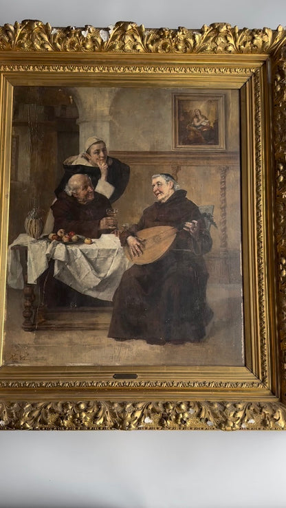 Late 1800s Monk Oil Painting Attributed to Heinrich Weber (1843-1913) in Ornate Gilded Frame