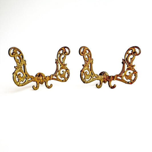 Large Antique Late-Victorian Cast-Brass Filigree Double Wall Hooks (Pair)