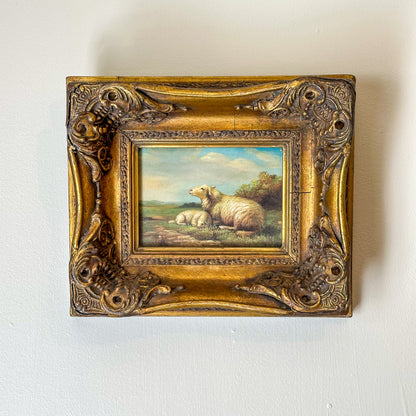 Framed Pastoral Sheep Painting, Vintage Decorative Oil on Board