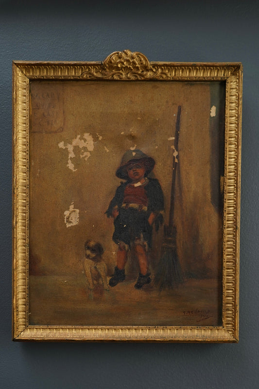 British School Oil Painting of Street Sweeper Boy with Dog, c. 1890–1915