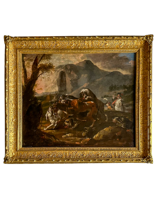 “Hounds Hunting Stag” – 18th Century French Oil Painting Attributed to the Fontainebleau Tradition