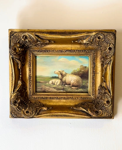 Framed Pastoral Sheep Painting, Vintage Decorative Oil on Board