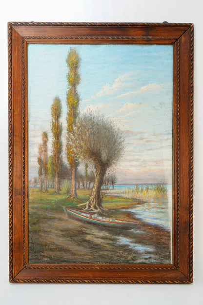 Antique Framed Oil Landscape Painting Lakeside Rowboat