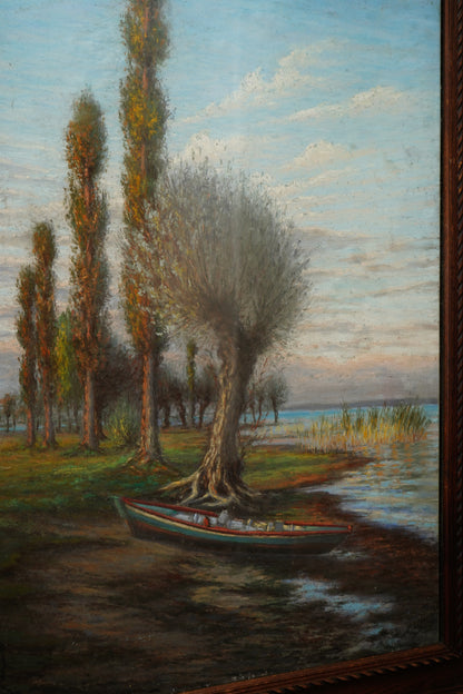 Antique Framed Oil Landscape Painting Lakeside Rowboat