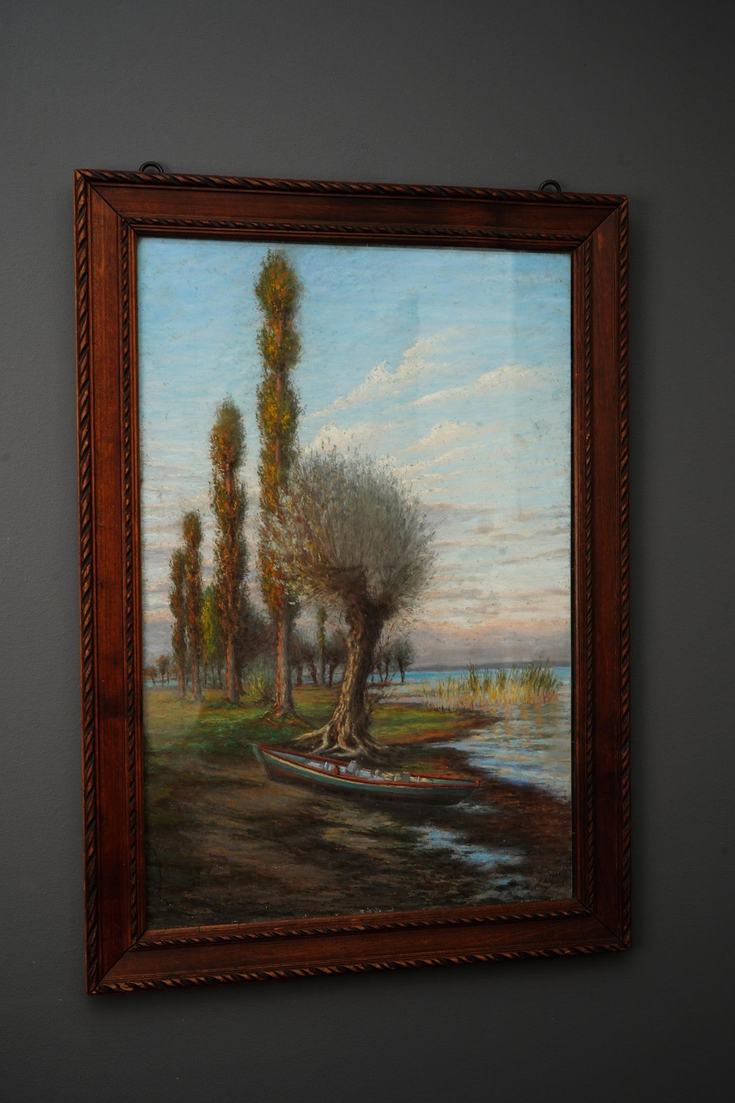 Antique Framed Oil Landscape Painting Lakeside Rowboat