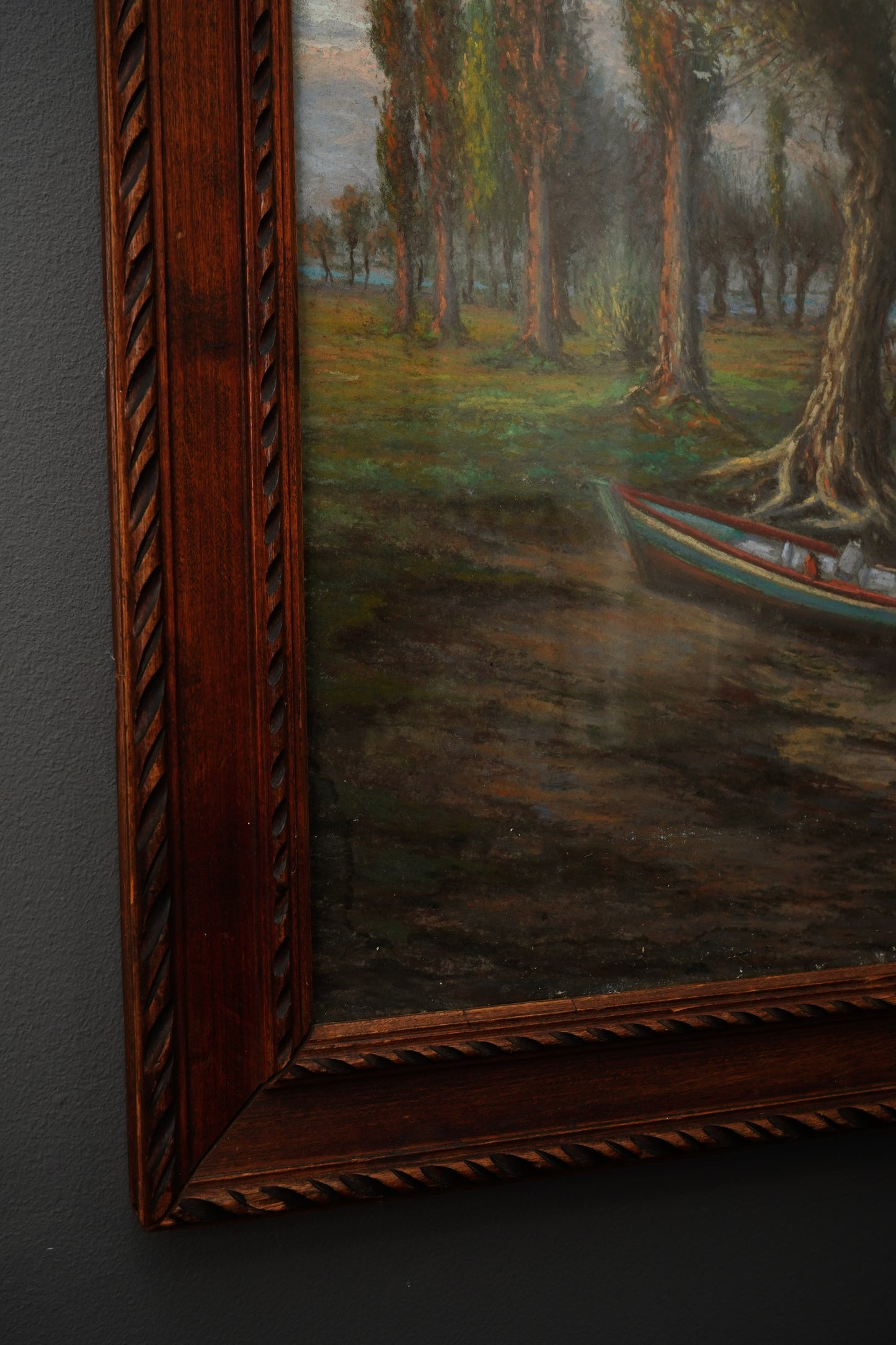 Antique Framed Oil Landscape Painting Lakeside Rowboat