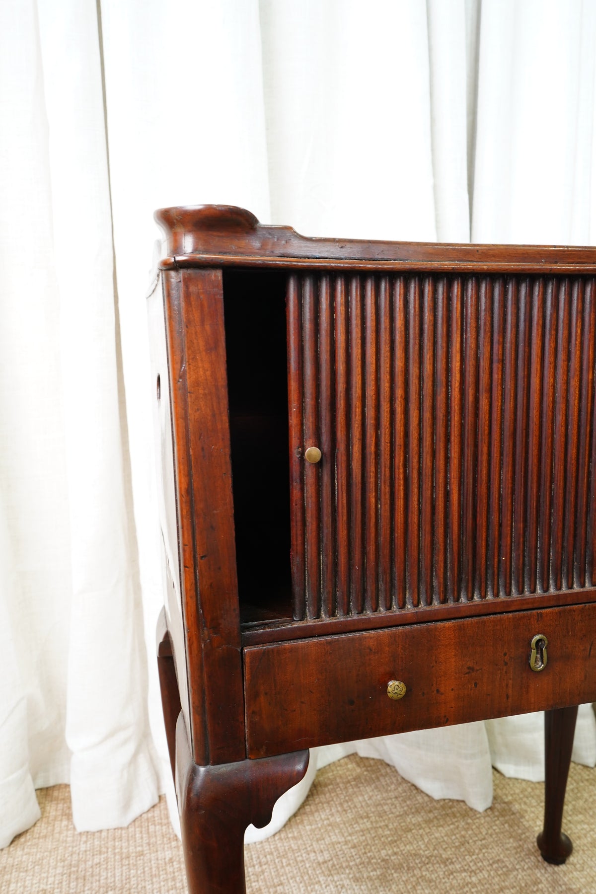 Antique Edwardian Mahogany Tray-Top Tambour Bedside Cabinet