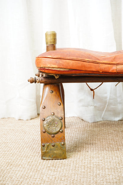 Vintage Middle Eastern Camel Saddle Stool with Embossed Leather Cushion & Brass Accents (c. 1950s)