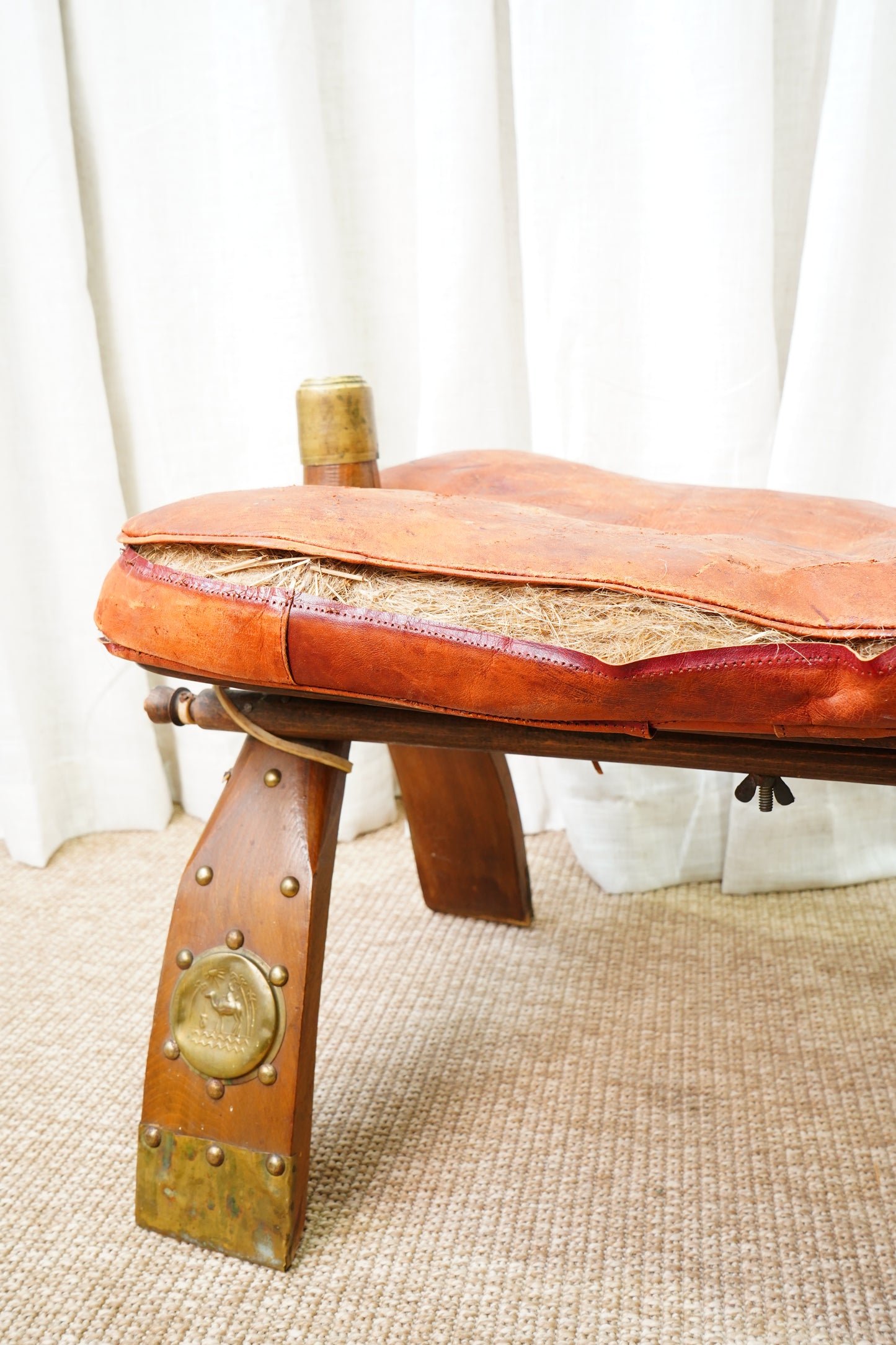 Vintage Middle Eastern Camel Saddle Stool with Embossed Leather Cushion & Brass Accents (c. 1950s)