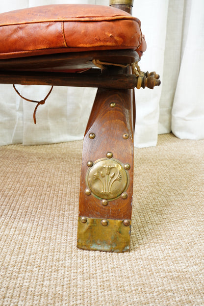 Vintage Middle Eastern Camel Saddle Stool with Embossed Leather Cushion & Brass Accents (c. 1950s)