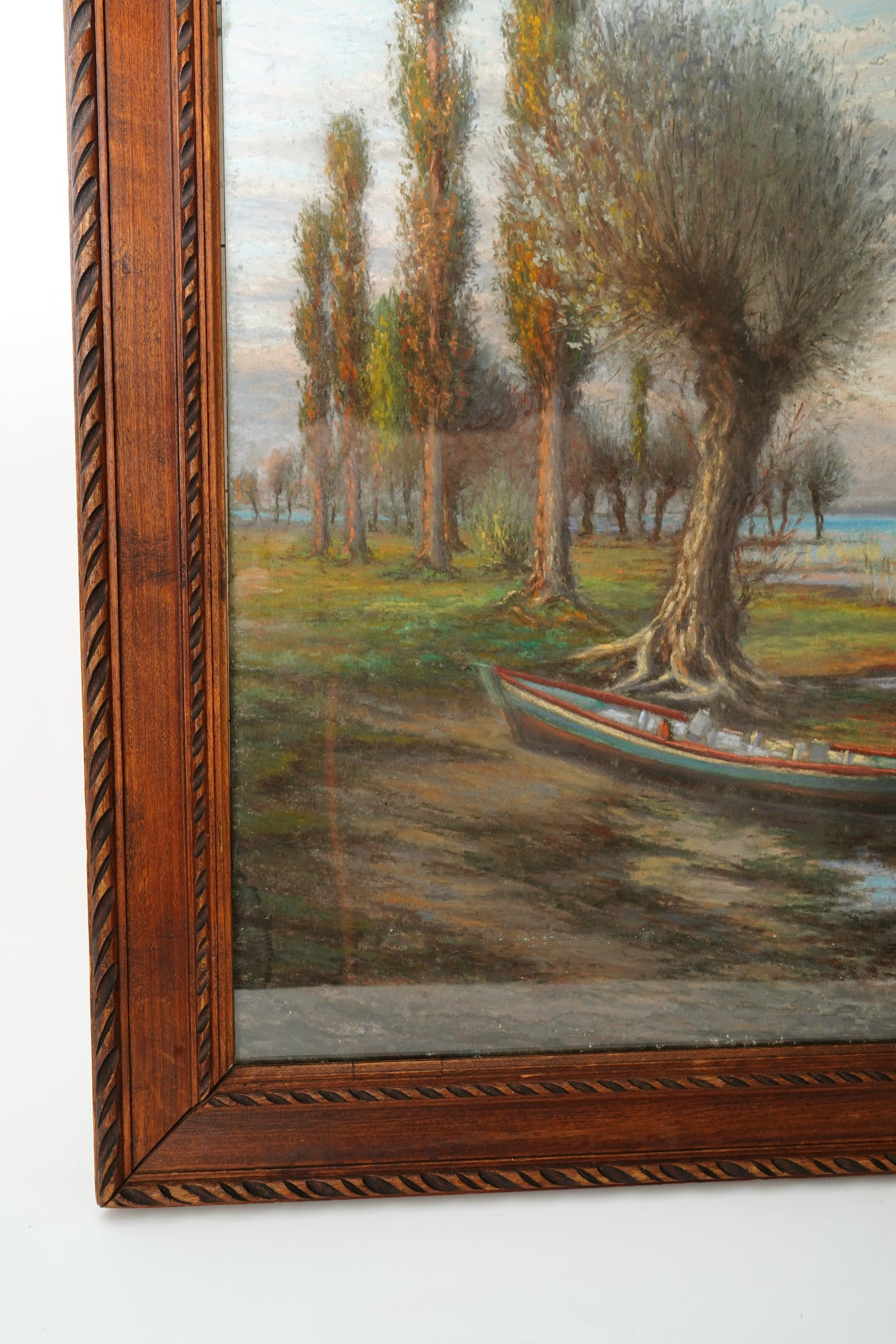 Antique Framed Oil Landscape Painting Lakeside Rowboat