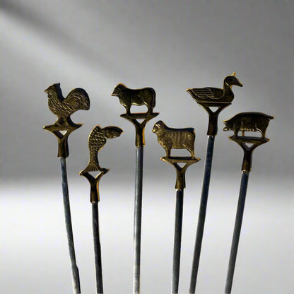 Mid-Century Brass Animal Meat Markers – Set of 6 Carving Skewers