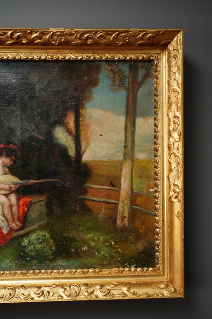 Antique Putti Oil Painting with Lute, Signed Baumann, Classical Garden Scene