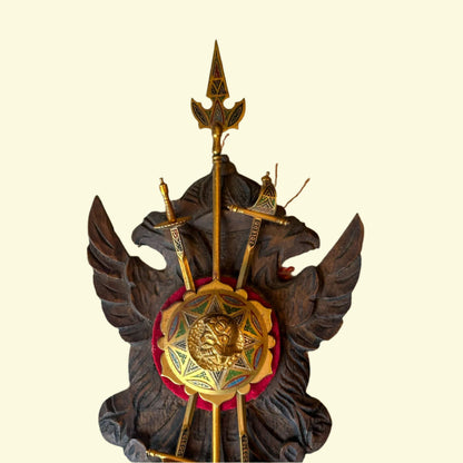 Mid-Century Spanish Toledo Miniature Armory Wall Plaque | Hand-Carved Heraldic Crest with Swords, Shield & Spear