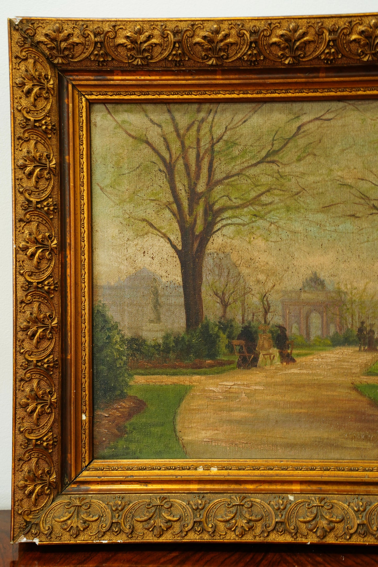 Antique Oil Painting Brussels Park Garden Scene