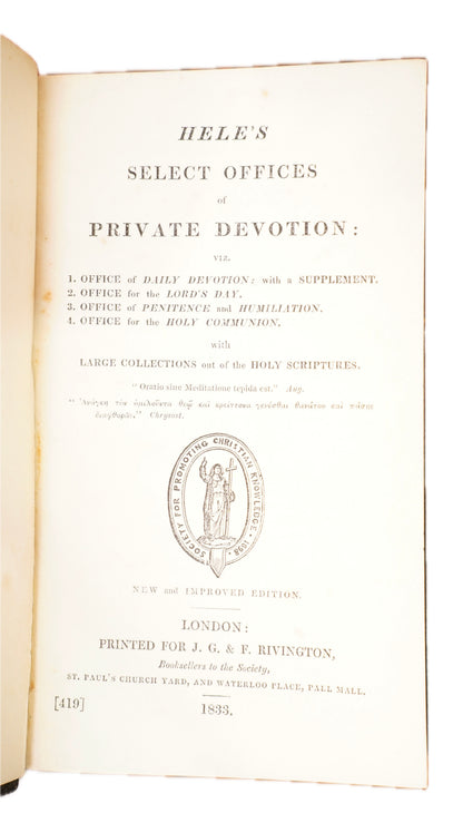 Antique Richard Hele Select Offices of Private Devotion 1833 Full Morocco