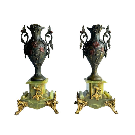 ^ Pair of Antique French Neoclassical Spelter and Onyx Urns with Gilt Brass Accents