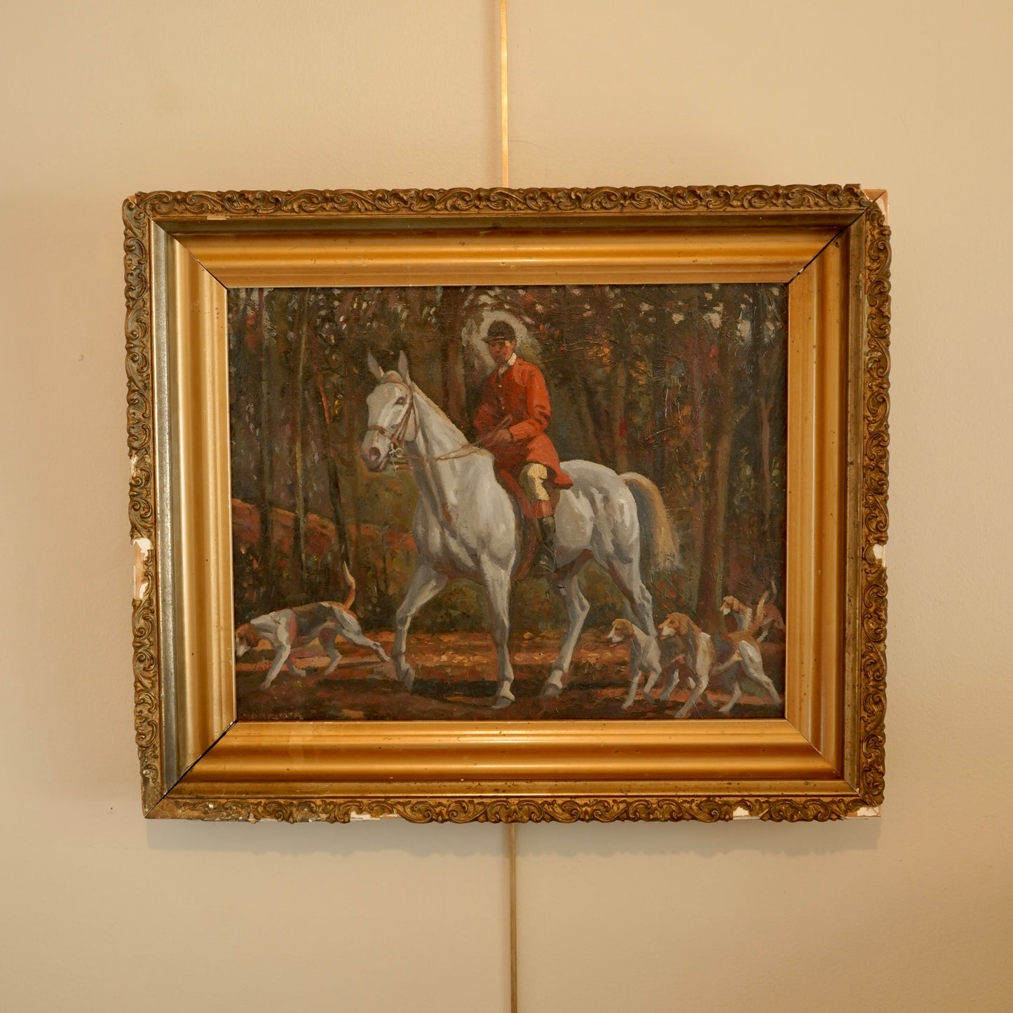 “Fox Hunt” Original British Sporting Art by Geoffrey Mortimer (1895–1986) – Mid 20th-Century British Equestrian Oil Painting in Antique Gilt Frame
