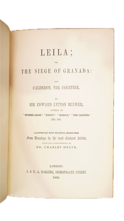 Leila Siege of Granada Bulwer 1850 Antique Leather Book, Gauffered Pages