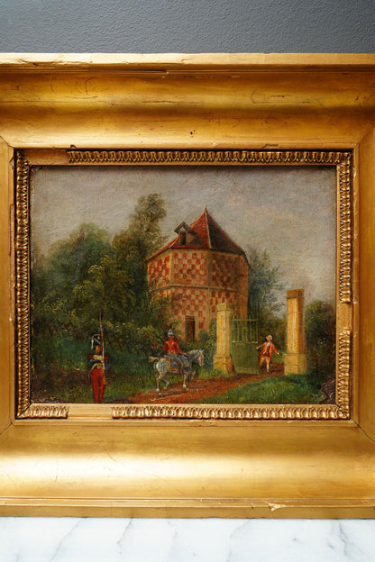 Antique French Genre Oil Painting of Estate Gate and Figures | 19th Century Oil on Canvas