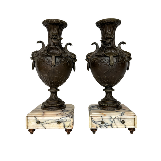 ^ Pair of 19th Century French Napoleon III Style Spelter & Marble Urns