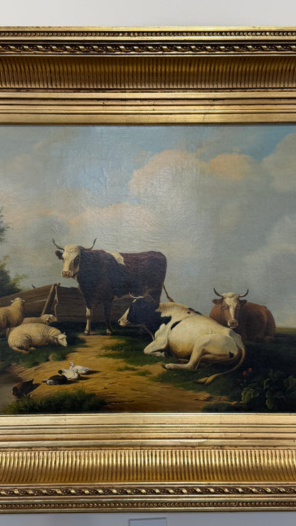 Antique Signed Dutch Oil Painting of Cows and Sheep in Meadow