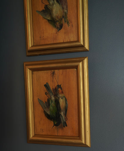 Pair of French “Art Mort” Oil Studies – 1920s Trompe-l’Œil Bird Paintings on Wood Panel, Signed F.S.