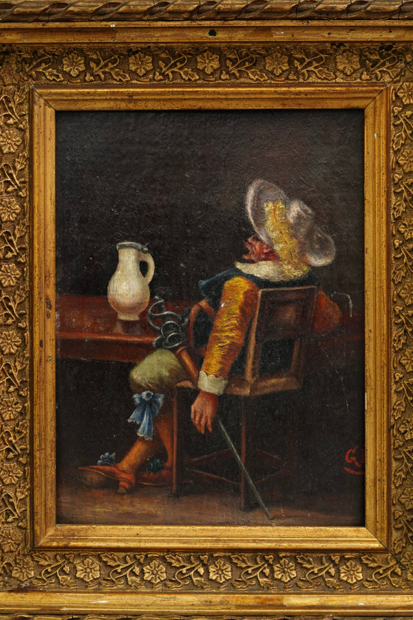 Antique European Cavalier Cabinet Oil Painting