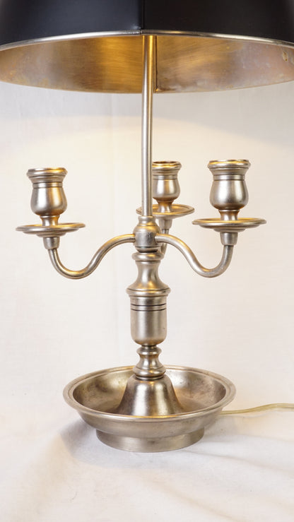 French Bouillotte Style Pewter-Toned Table Lamp with Adjustable Black Tole Shade