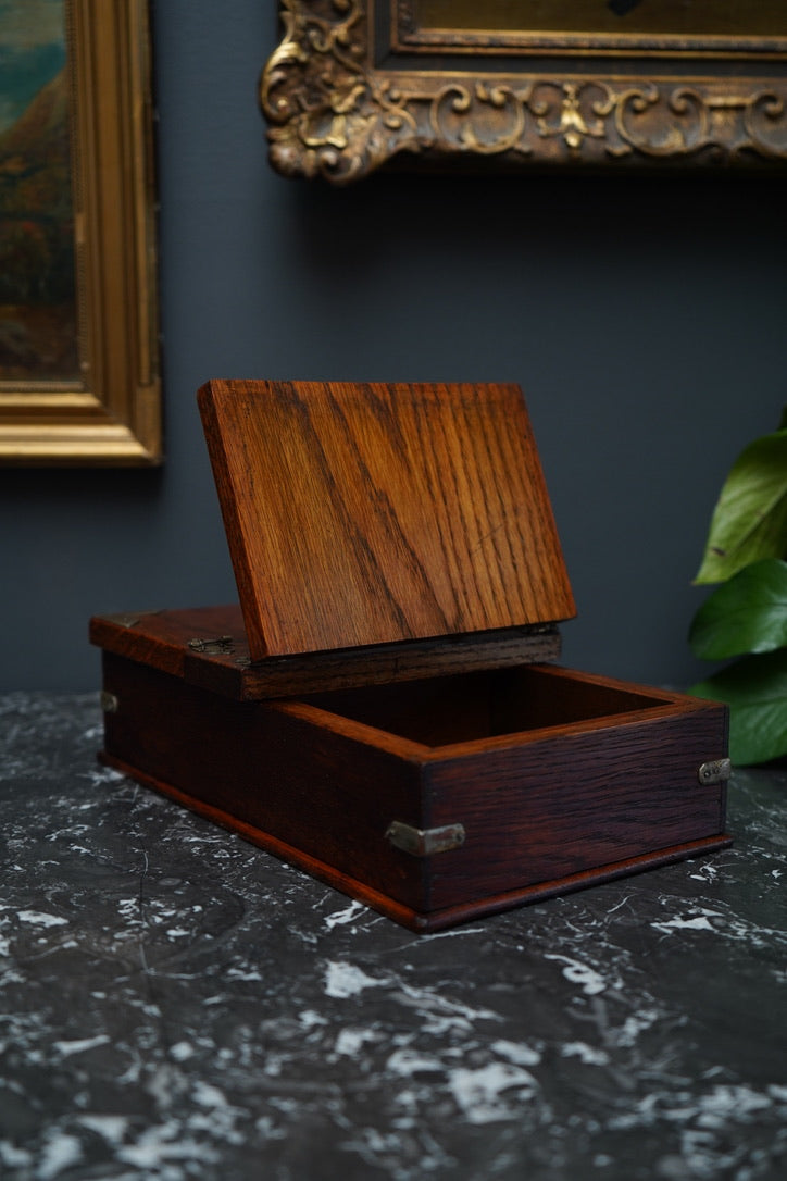 Antique Edwardian Oak & Silver-Plated Two-Compartment Stationery Box with Handle