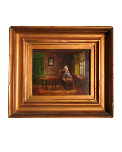 Antique Victorian Interior Scene Oil on Board, Small Antique English Oil Painting