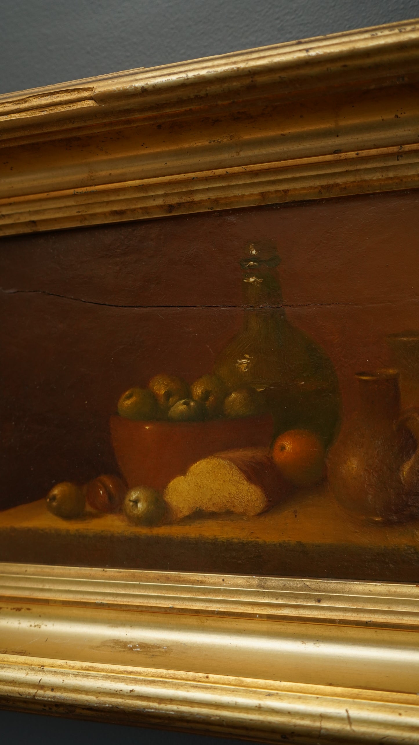 “The Bowl of Apples” by Nicholas Marsh, dated 1958 | English Still Life Oil on Panel in Antique Gilt Frame