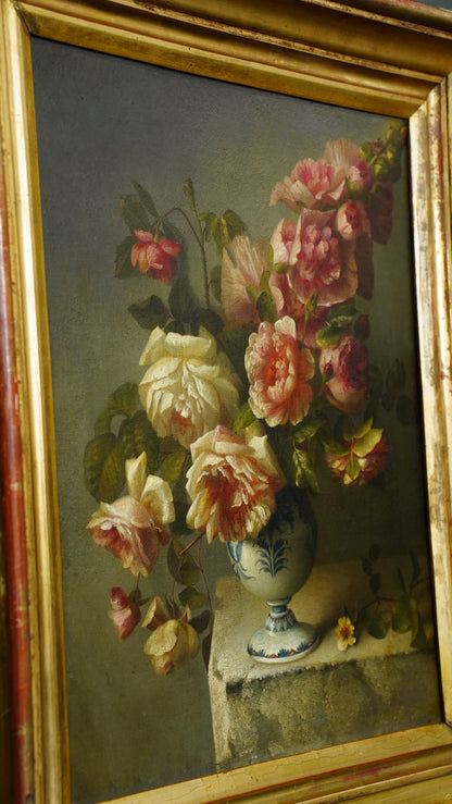 Antique Oil Painting Roses in Blue and White Vase