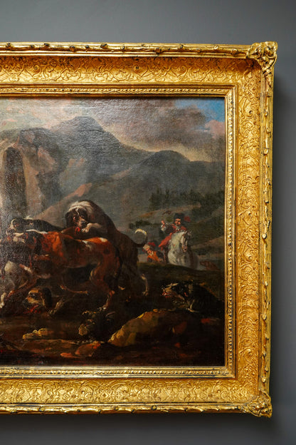 18th Century French Stag Hunt Oil Painting, Fontainebleau Tradition