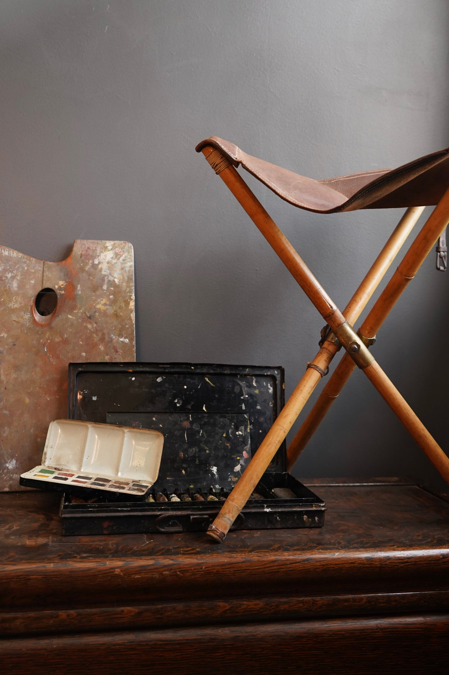 Vintage British Artist Paint Kit with Folding Stool, Easel, Palette and Paint Box