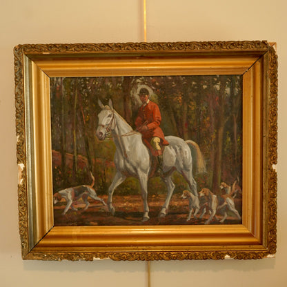 “Fox Hunt” Original British Sporting Art by Geoffrey Mortimer (1895–1986) – Mid 20th-Century British Equestrian Oil Painting in Antique Gilt Frame