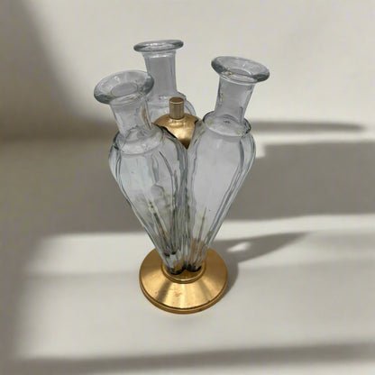 Vintage Triple Bud Vase |  Mid Century Modern Glass Flutes on Gilded Base