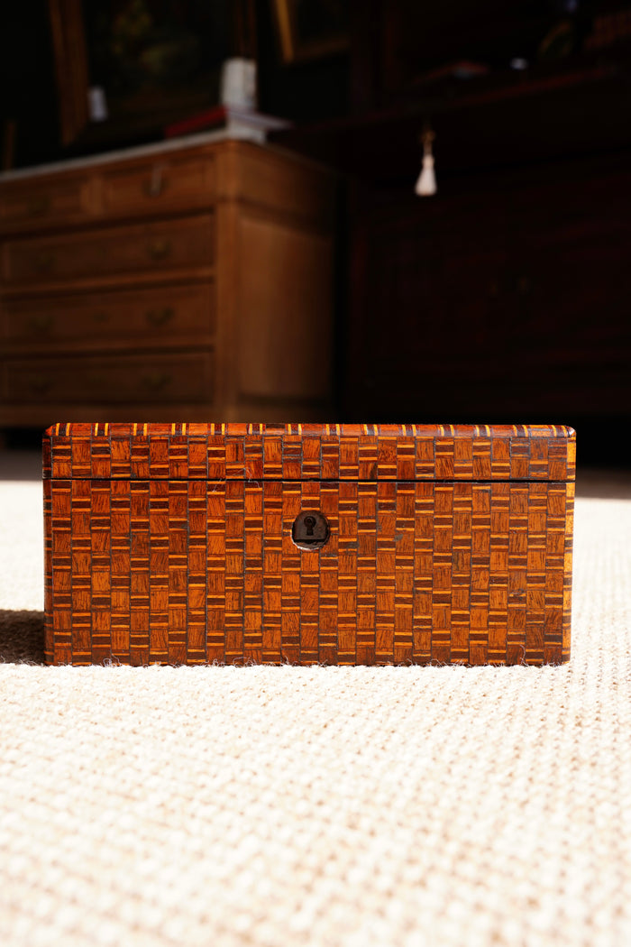 Antique Inlaid Wood Tea Caddy with Basket Weave Pattern, Circa 1880
