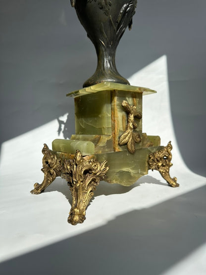 ^ Pair of Antique French Neoclassical Spelter and Onyx Urns with Gilt Brass Accents