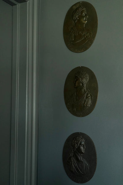 Set of 3 Antique Grand Tour Bronze Portrait Plaques – Roman Emperors Vespasian & Augustus, 19th Century Italian