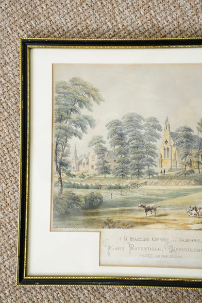 Antique Victorian Lithograph St. Martin's Church East Ravendale Lincolnshire, 1857